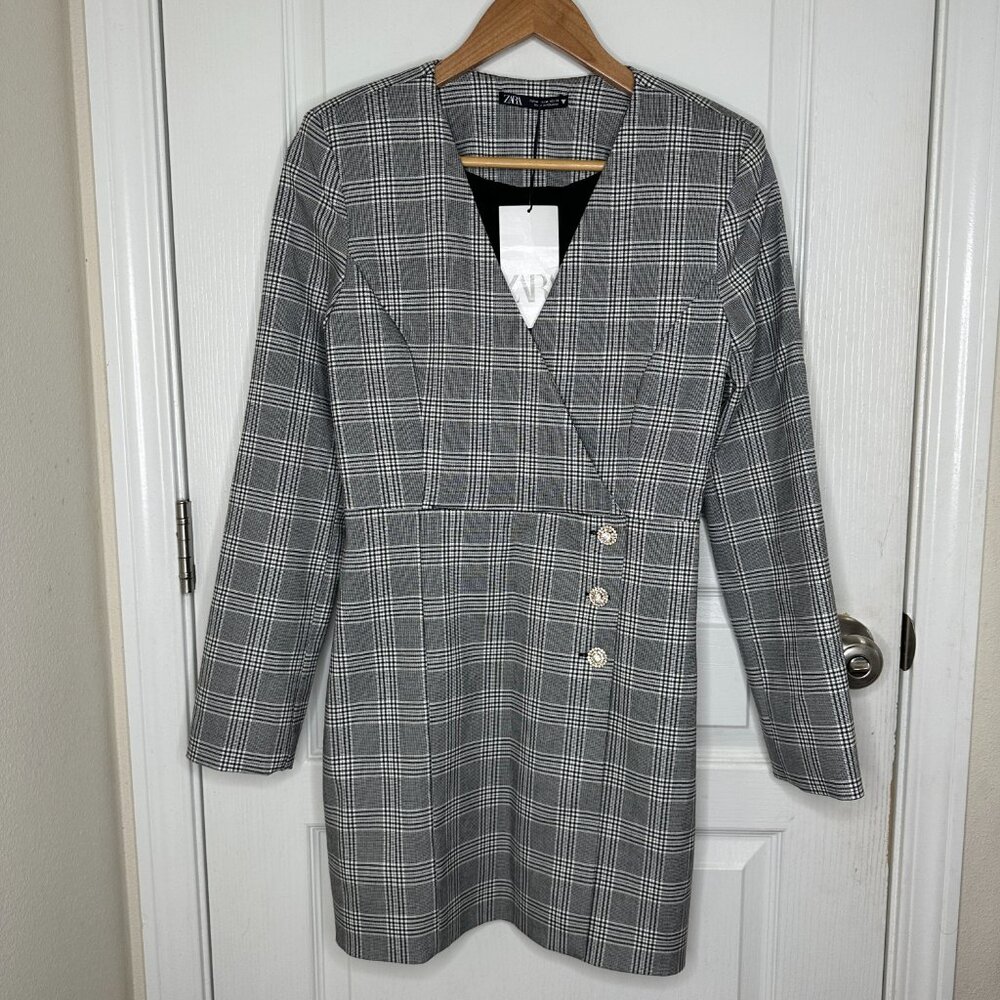 ZARA GRAY BLACK PLAID MINI DRESS WITH BUTTONS MEDIUM BRAND NEW WITH TAGS